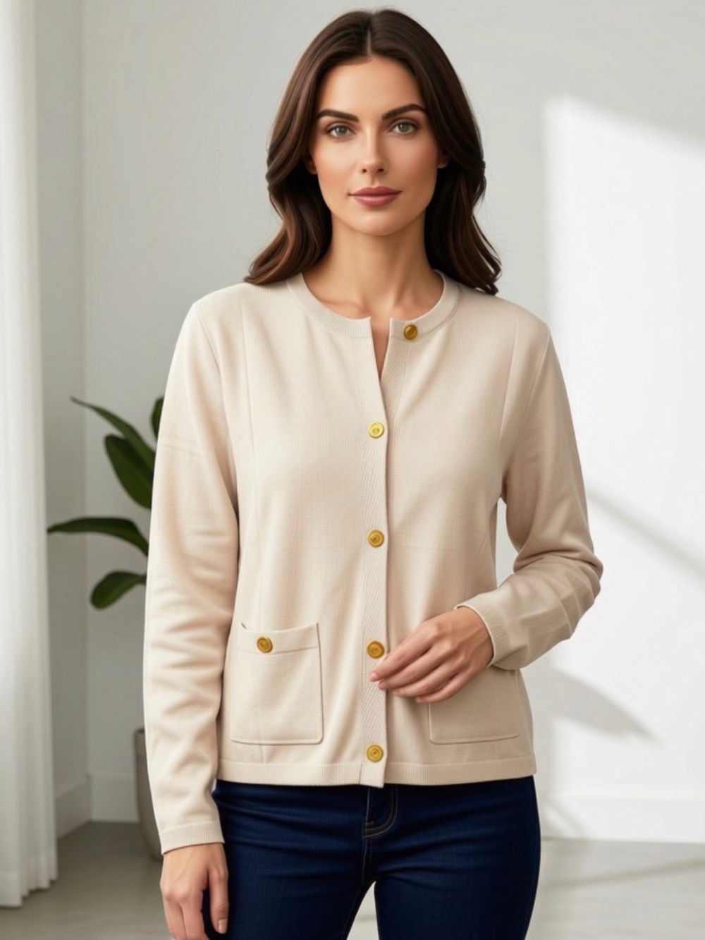 NWT!  illusory Beige, Sand - Gold Button Front Women's Cardigan Jacket